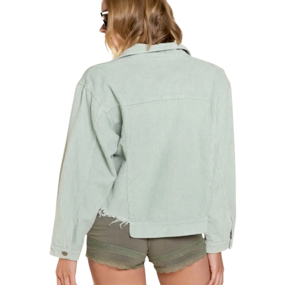 033. POL Bohemian Crop Raw Hems Corduroy Jacket In Sage Green - Picture 3 of 3
